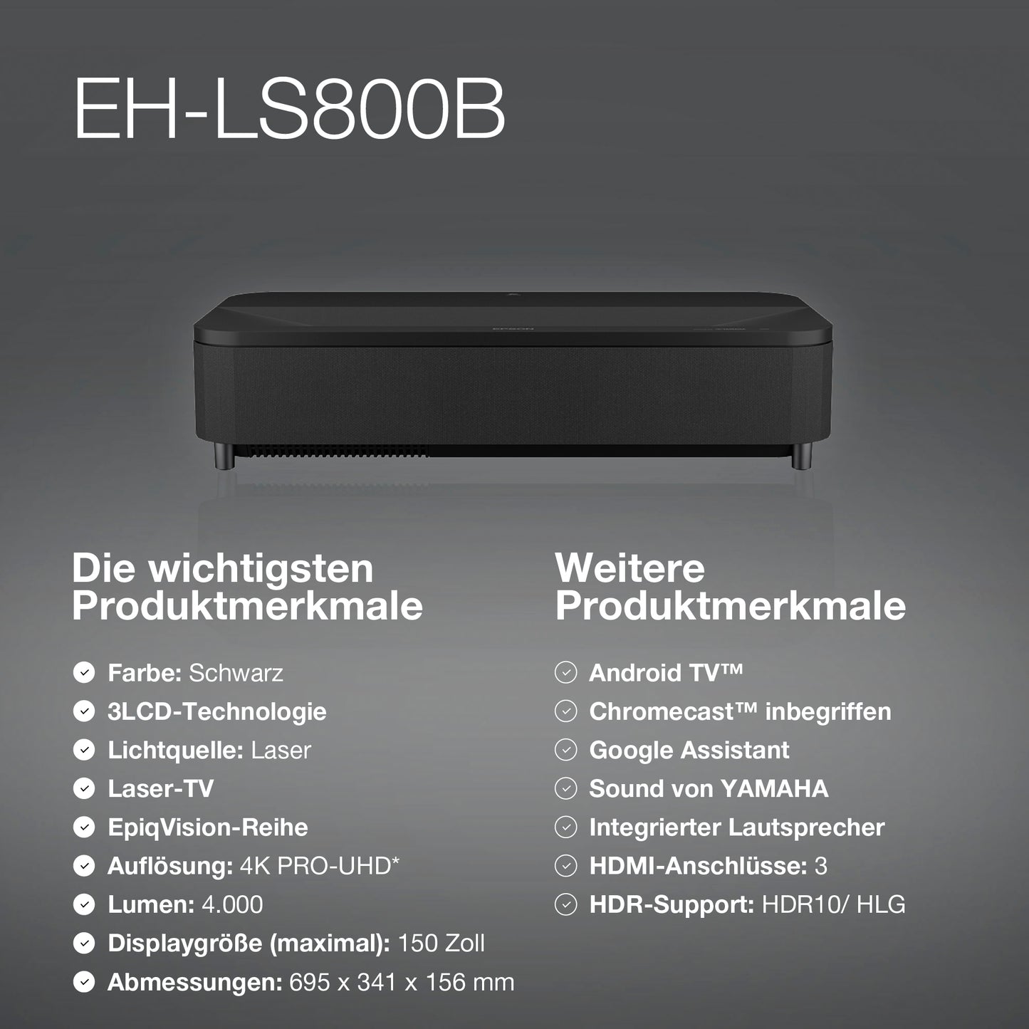 Epson EH-LS800B Black 4K PRO-UHD Laser Projector Home Cinema Beamer